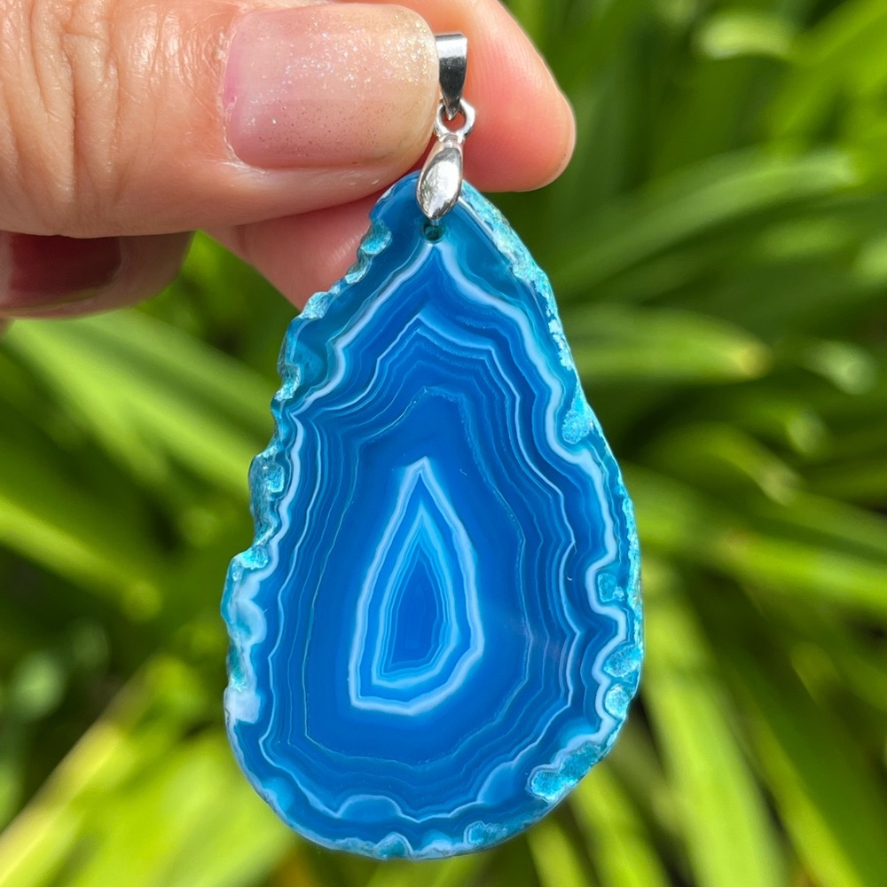 Sterling silver 925 stamped banded‎ blue agate pendant 1235